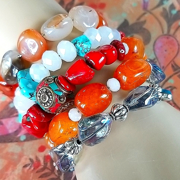Hand Crafted Boho Beaded Agate, Coral, Turquoise and Amber Wrap Bracelet - Picture 10 of 16